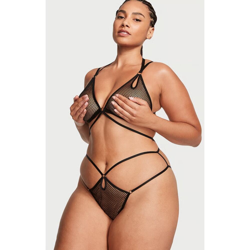 Victorias Secret Fishnet Mesh Unlined Strappy Teddy Womens Size Medium Black New